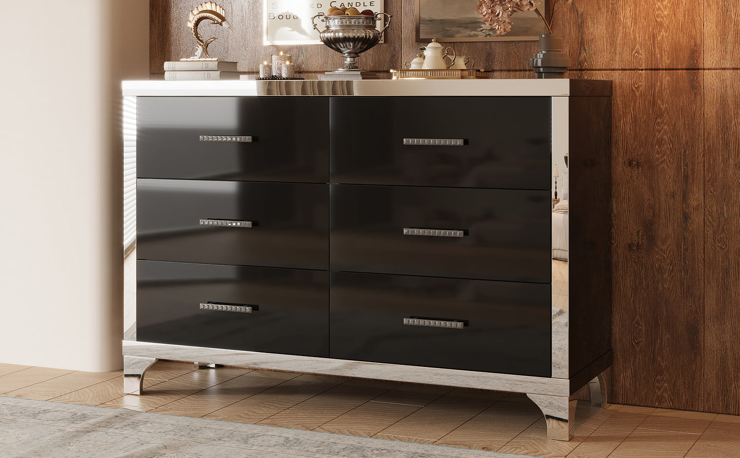 Elegant High Gloss Dresser with Metal Handle,Mirrored Storage Cabinet with 6 Drawers for Bedroom,Living Room,Black
