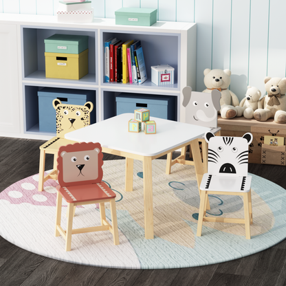 5 Piece Kiddy Table and Chair Set , Kids Wood Table with 4 Chairs Set Cartoon Animals (bigger table) (3-8 years old)