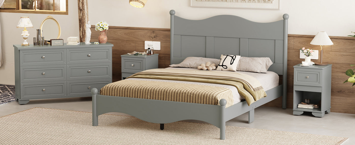 Queen Size Elegant Design Wood Platform Bed Frame,Retro Style Platform Bed with Wooden Slat Support, Gray