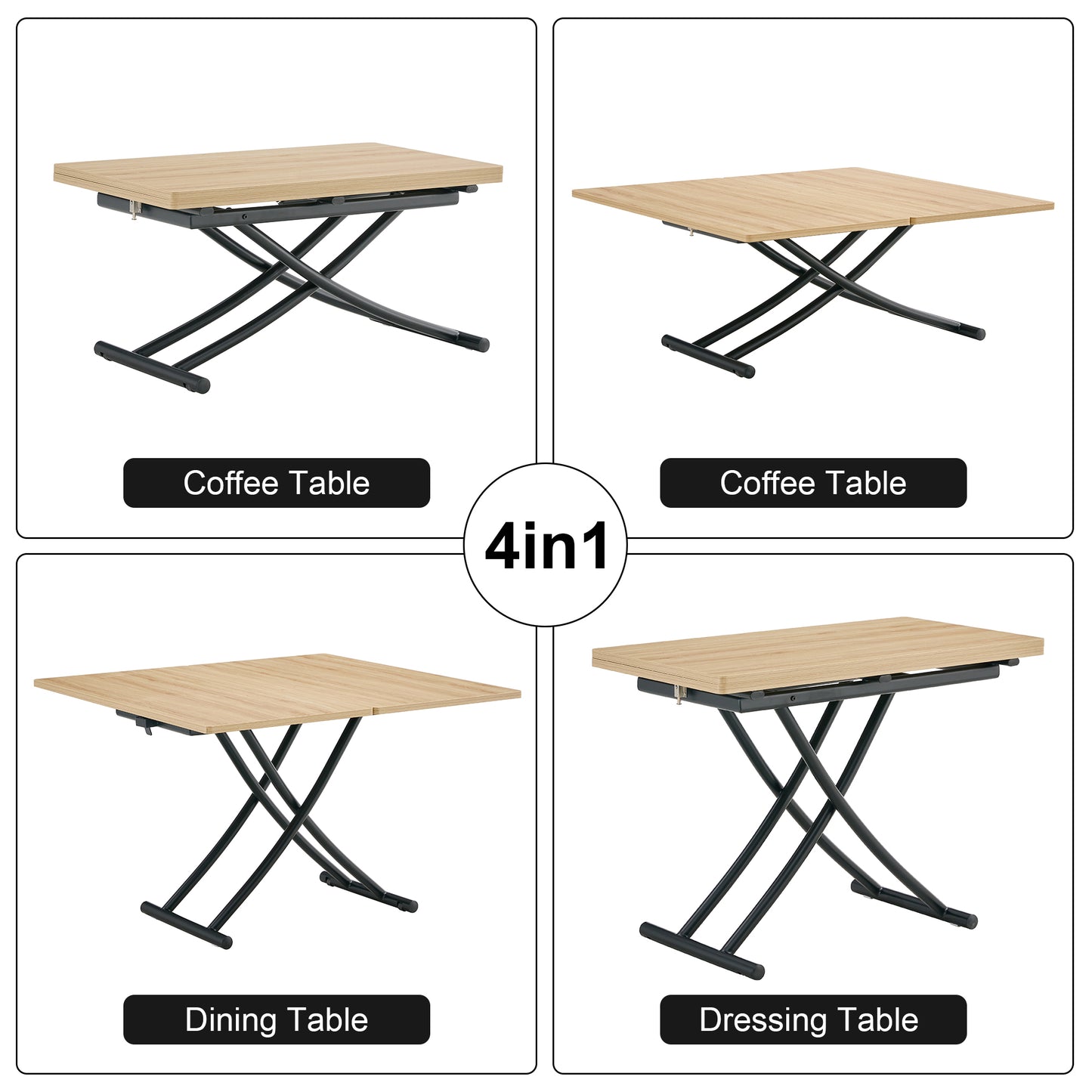 Modern minimalist multifunctional lift table with 0.8-inch MFC tabletop and black metal legs, can be used as dressing table, coffee table, dining table, and office desk.  LT-10055