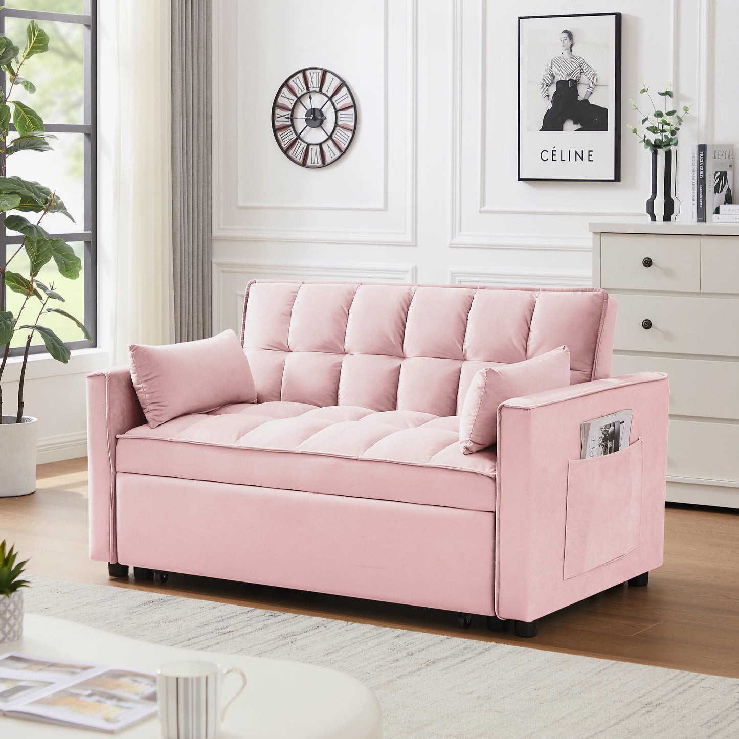 Modern Velvet Loveseat Futon Sofa Couch w/Pullout Bed,Small Love Seat Lounge Sofa w/Reclining Backrest,Toss Pillows, Pockets,Furniture for Living Room,3 in 1 Convertible Sleeper Sofa Bed, pink