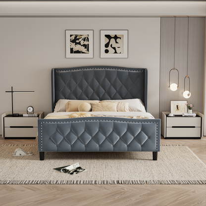 Queen Size Bed Frame, Modern Upholstered Platform Bed with Wingback Headboard, Velvet Bed Frame with Wood Slat Support, Easy Assembly, No Box Spring Needed(Gray, Queen)