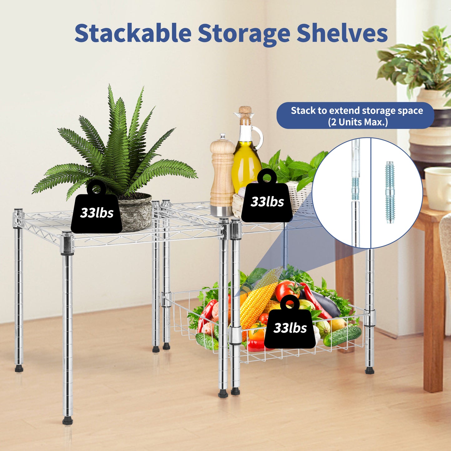 Heavy Duty Shelving Unit, Wire Metal Stackable Storage, 1-Tier Shelf, with Basket, Chrome, 15" W x 13.8" D x 15" H