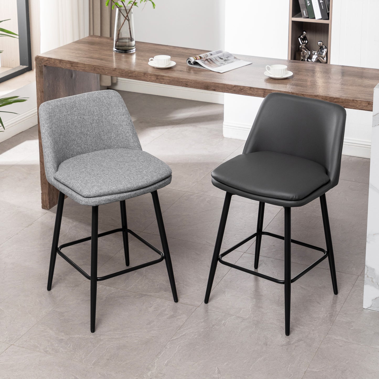 Counter Height Swivel Bar Stools Set of 2, 360° Swivel Upholstered Barstools with Back and Metal Legs, 25.6" Seat Height,Counter Stools for Kitchen Island and Pub,Faux Leather,Grey