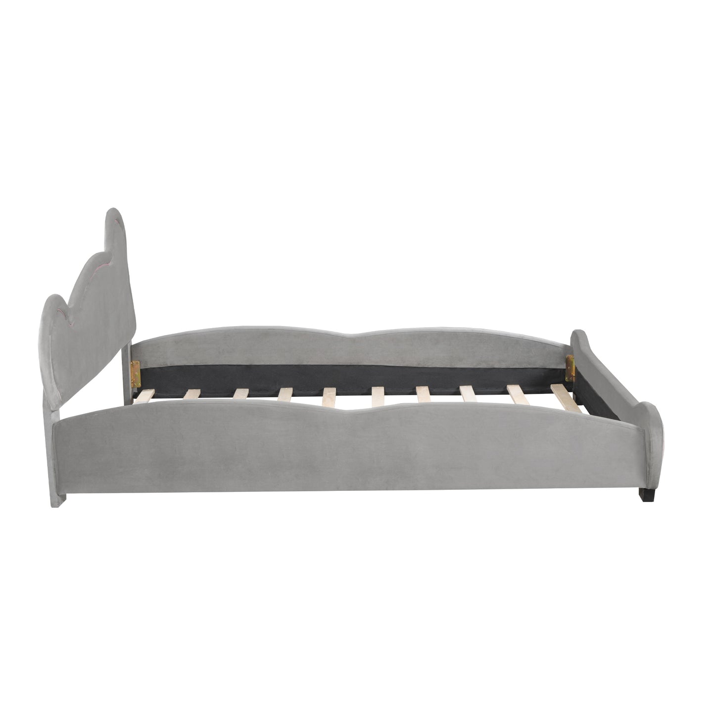 Queen Size Velvet Platform Bed with Bear-Shaped Headboard, with Bed-End Storage Pocket, Gray