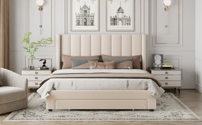 Queen Size Storage Bed Velvet Upholstered Platform Bed with a Big Drawer - Beige(old sku:WF296854AAA)