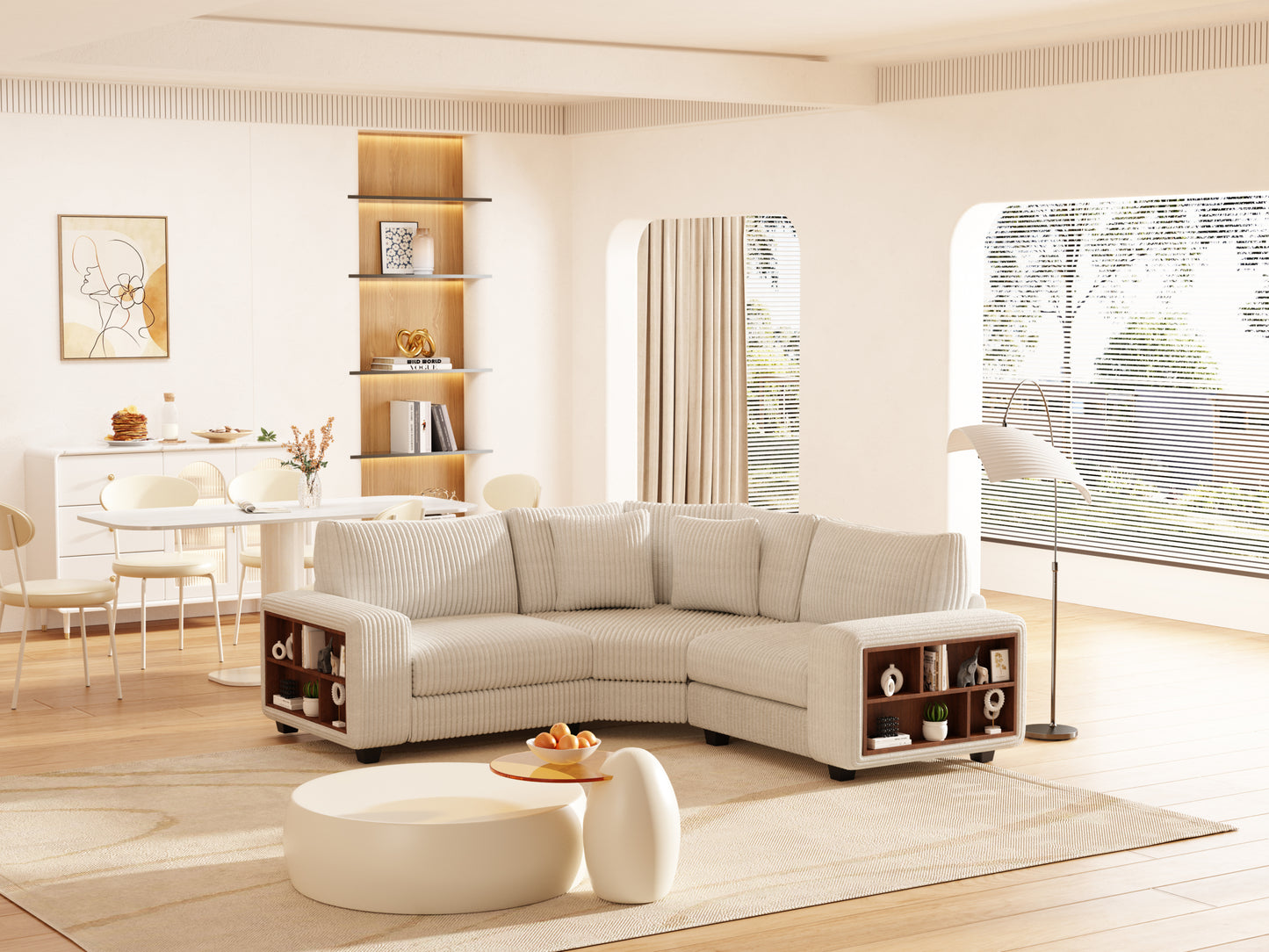 Modular Three-seat Corner Sofa, Wooden Frame Locker with Armrests, Stylish and Comfortable, Cream Style, Beige