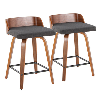 Maya 24" Mid-Century Modern Fixed-Height Counter Stool with Swivel in Walnut Wood and Charcoal Fabric with Square Black Metal Footrest by LumiSource - Set of 2