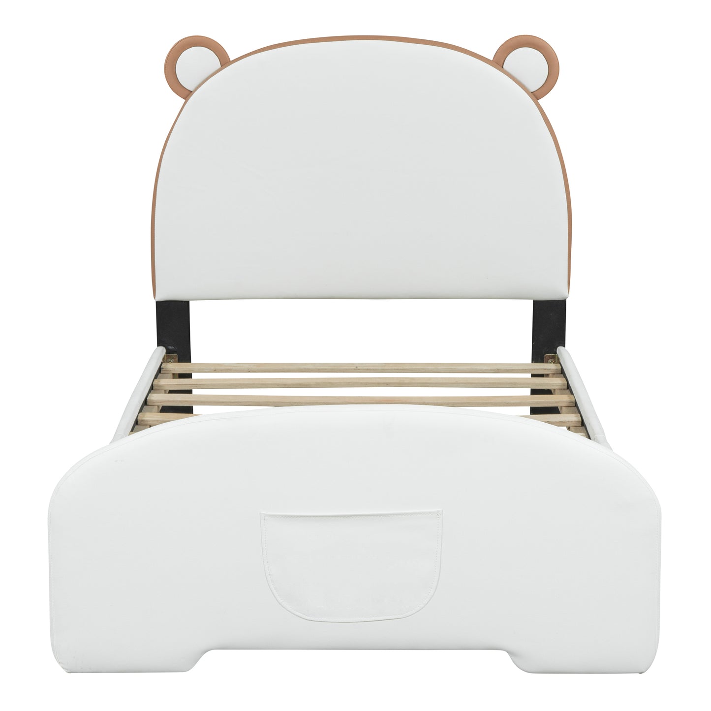 Twin Size Upholstered Platform Bed with Bear-shaped Headboard and Footboard,White+Brown