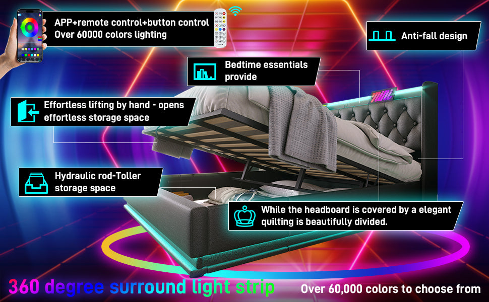 King size Upholstered bed, 360 surround LED function, Buttons/Apps/Remote Control, hydraulic storage bed with USB Type-C charging, Black, PU (Without mattress)