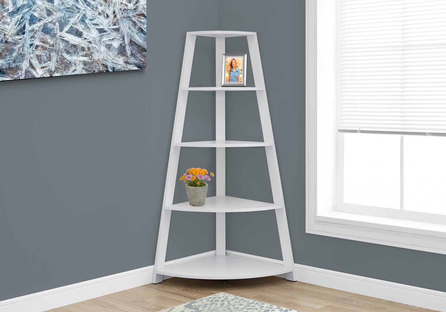 Bookshelf, Bookcase, Etagere, Corner, 4 Tier, 60"h, Office, Bedroom, White Laminate, Contemporary, Modern