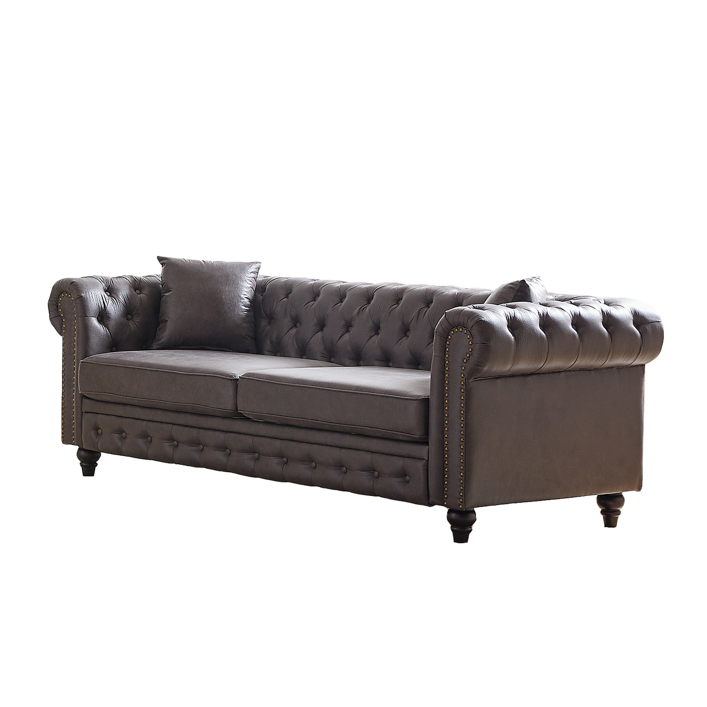 FX 85.5"Living Room with Tech Fabric Chesterfield Sofa with Rolled Arms 3 Seater Sofa with Button Design and 2 Cushions for Apartment, Office, Living Room