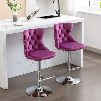 Swivel Velvet Barstools Adjusatble Seat Height from 25-33 Inch, Chrome base Bar Stools with Backs Comfortable Tufted for Home Pub and Kitchen Island, Purple,Set of 2,1712PP