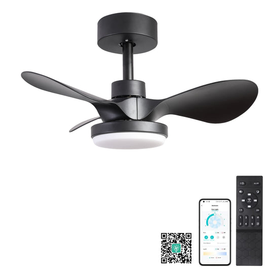 24" Small  Ceiling Fan with Light remote control ,Modern Low Profile black Ceiling Fan, 6-Speeds Quiet Reversible DC motor  for Bedroom,Kitchen