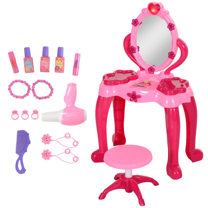 Qaba Kids Vanity Set with Mirror and Stool, Girls Makeup Table with Light and Sound, 15 Accessories, Pretend Play Set with Hair Dryer for 3-6 Years, Pink