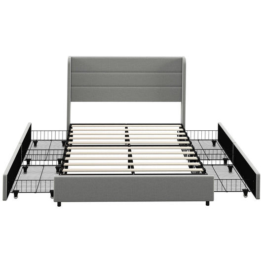 HOMCOM Full Size Bed Frame with Headboard, Upholstered Platform Bed Frame with Storage Drawers, Wood Slats, Noise-Free, and Easy Assembly, No Box Spring Needed, Light Gray