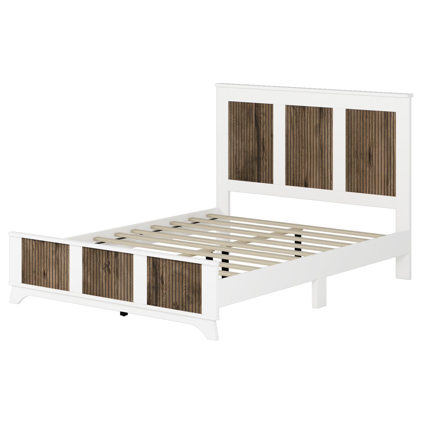 4-Pieces Bedroom Sets, Queen Size Farmhouse Platform Bed with Wooden Strip Decoration, Storage Nightstand and Dresser with Metal Handle, White