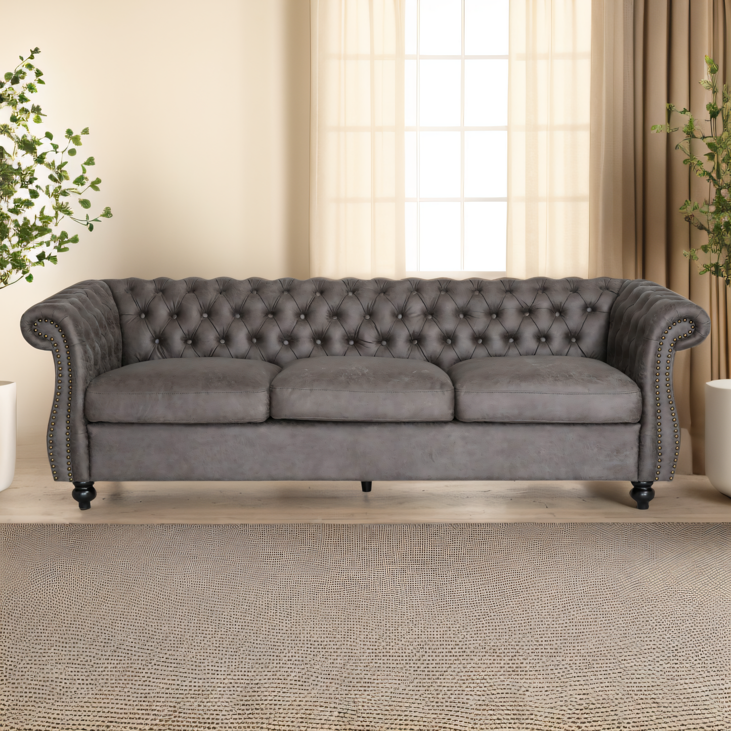 Stylish Slate Suede 3-Seater Sofa with Rolled  Arms – Modern, Elegant, and Comfortable Couch, Perfect for Relaxing Evenings, Ideal for Contemporary Home Decor, Durable Upholstery, and Luxurious Design