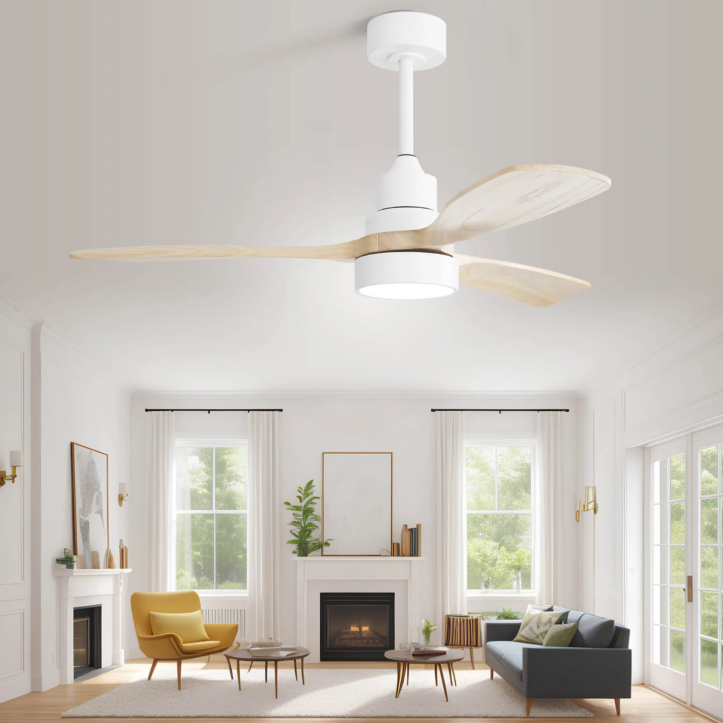 48 Inch Solid Wood Ceiling Fan with Dimmable Light 6 Speed Reversible DC Motor
