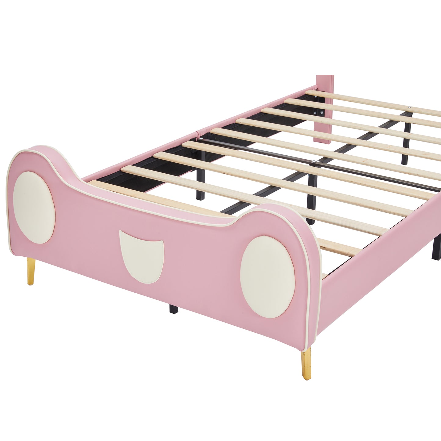 {NEW}Twin Size Princess Bed with Crown Headboard, PU Upholstered Platform Bed , Twin Size Bed Frame with Bed-End Storage Pocket for Kids Girl, No Spring Box Needed, Easy Assembly, Pink