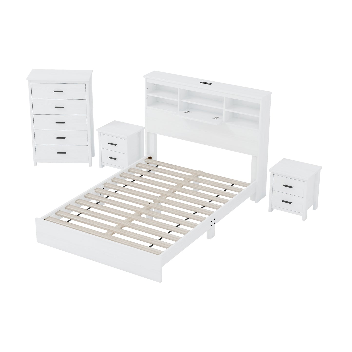 4-Pieces Bedroom Sets Queen Size Vintage Wooden Bed Frame with 2 Nightstands and 1 Dresser, White