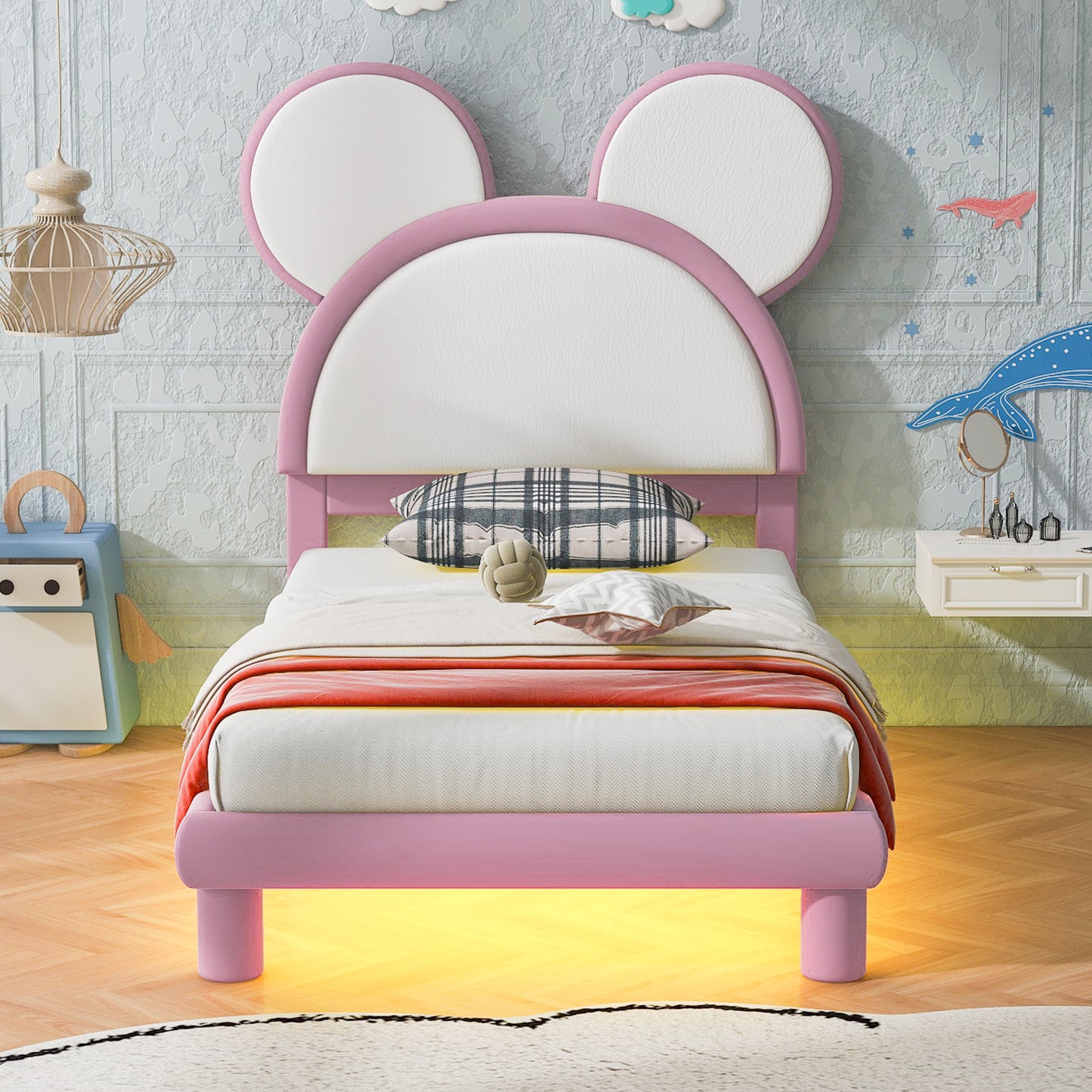 Twin Size Upholstered Platform Bed with Cartoon Ears Shaped Headboard and LED, White&Pink