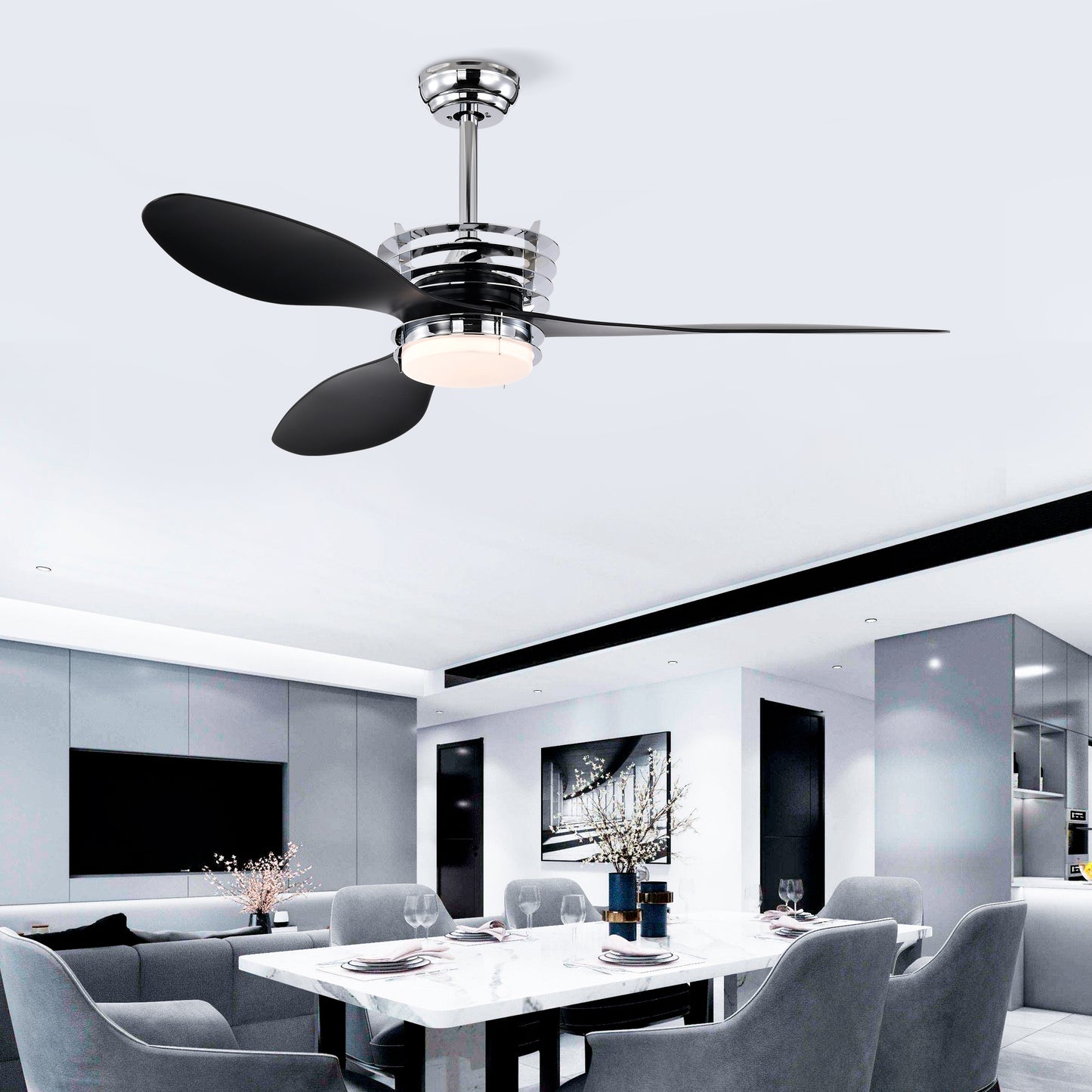 52'' ABS Blades Ceiling Fan with Lights and DC Remote, DC Motor Modern Ceiling Fan with 3 ABS Fan Blades & 2 Down Rods, Indoor Ceiling Fan with Light for Bedroom,Living room