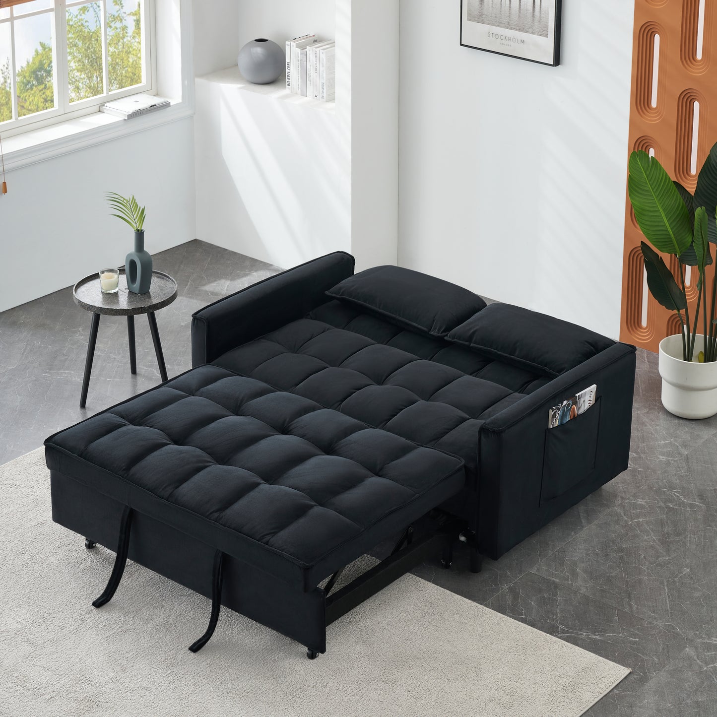 Modern velvet sofa, sofa pull-out bed, small love seat casual sofa with back, with pillow, pockets, living room furniture, 3 in 1 convertible sleep sofa bed.