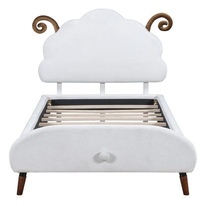 Twin Size Upholstered Platform Bed with Sheep-Shaped Headboard, White