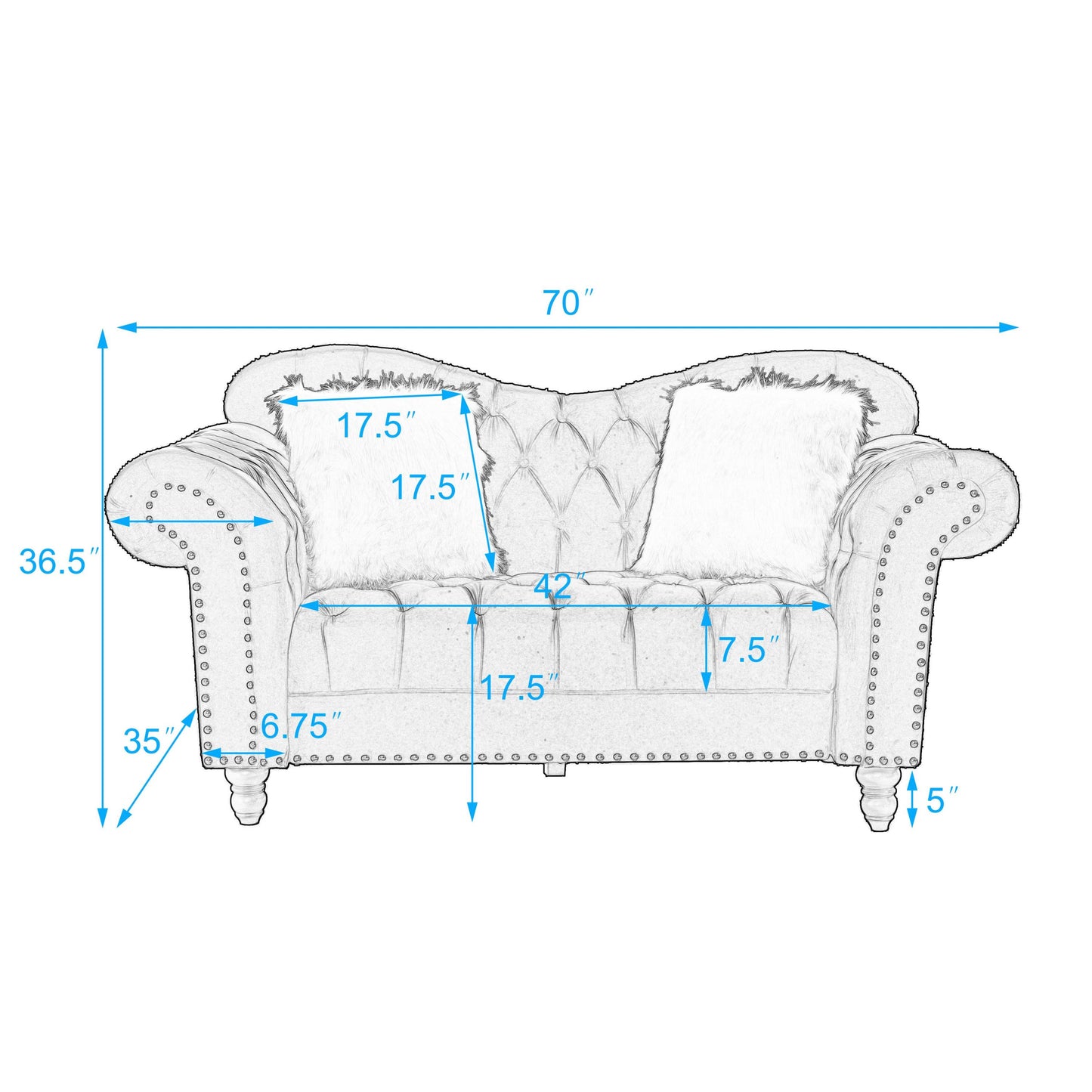 3 Piece Living Room Sofa Set, including 3-Seater Sofa, Loveseat and Sofa Chair, with Button and Copper Nail on Arms and Back, Five White Villose Pillow, Grey.