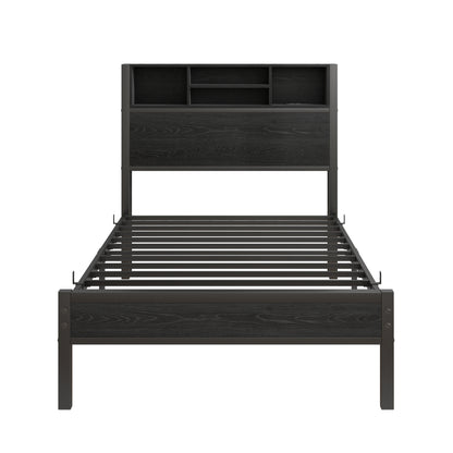 Twin Size Bed Frame with Storage Headboard, Metal Platform Bed with Charging Station,  Bookcase Storage, No Box Spring Needed, Easy Assembly, Black