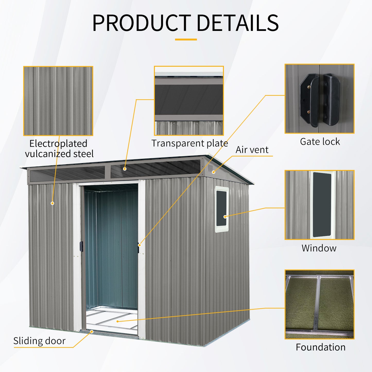 8 ft x 6 ft Outdoor Metal Storage Shed with Window,Transparent plate and lockable sliding door for Garden, Lawn (Gray)