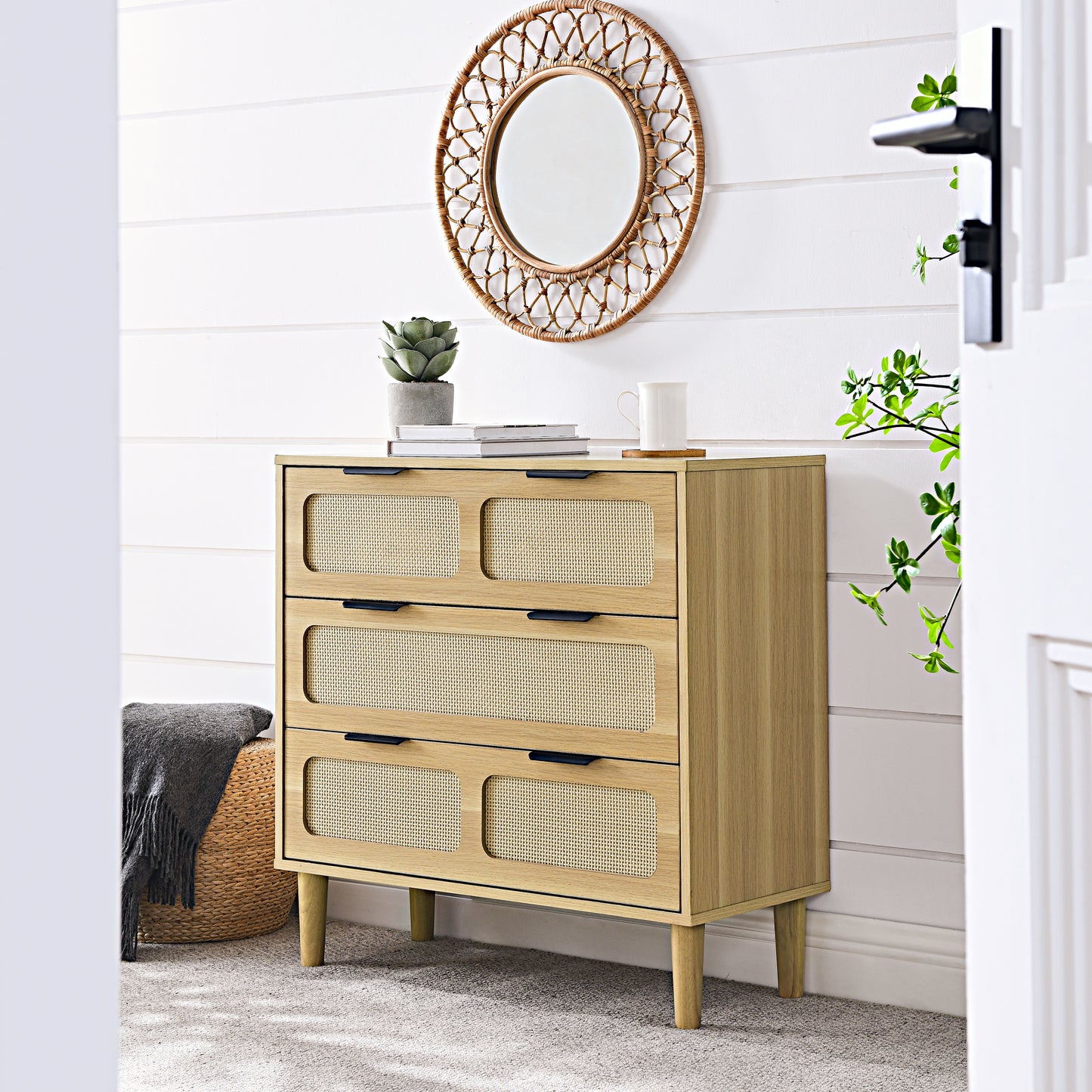 3 drawer dresser, modern rattan dresser cabinet with wide drawers and metal handles, farmhouse wooden storage chest of drawers for room, living room, hallway, entrance, office