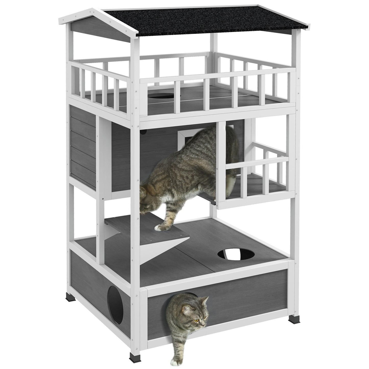 PawHut Wooden Outdoor Cat House, Feral Cat Shelter Kitten Condo with Asphalt Roof, Escape Doors, Condo, Jumping Platform, Light Gray