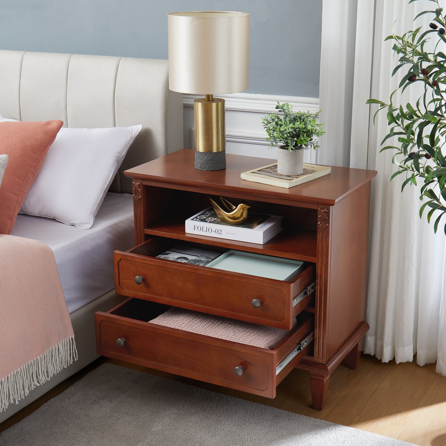 Open Space and 2 Drawers Dresser Nightstand with Charging Station, Farmhouse End Table with USB Ports and Outlets, Fluted Pilasters Design Side Table with Solid Wood Legs for Bedroom