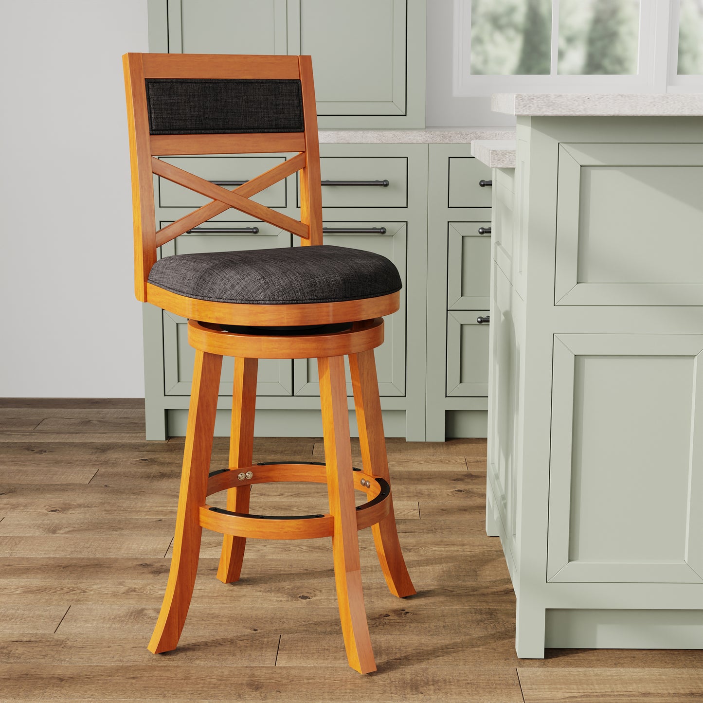 30" Bar Height X-Back Swivel Stool, Natural Finish, Charcoal Fabric Seat