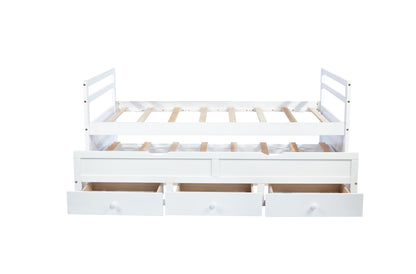 Twin Size Bed with Headboard, Footboard, Trundle and Three Storage Drawers, Twin Size Pine Wood Bed with Headboard, Footboard,White