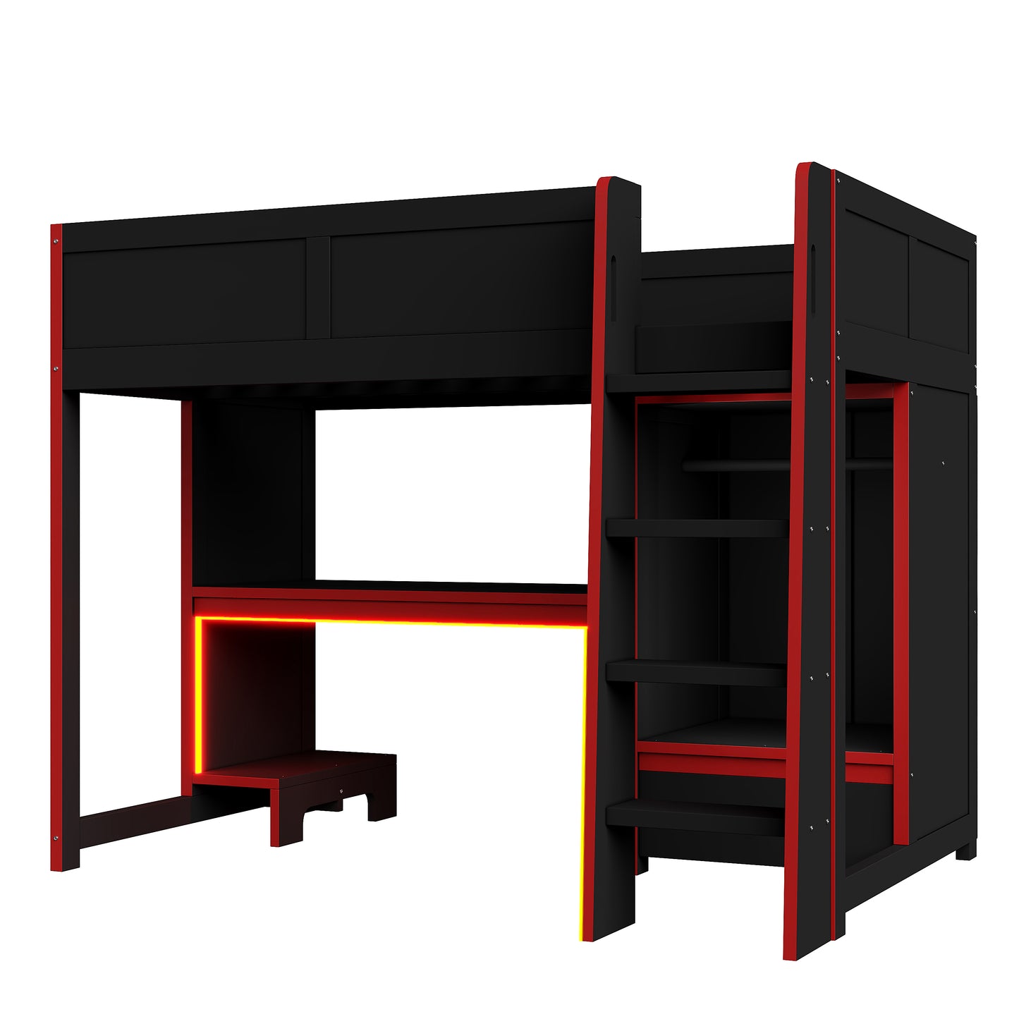 Black Wood Twin Size Gaming Loft Bed with Built-in Desk, Wardrobe, LED Lighting and Drawer