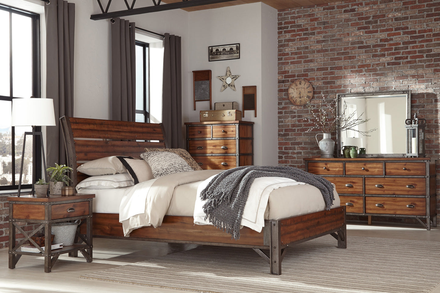 Industrial Design Bedroom Furniture 1pc Dresser of 7 Drawers Rustic Brown and Gunmetal Finish Wooden Furniture