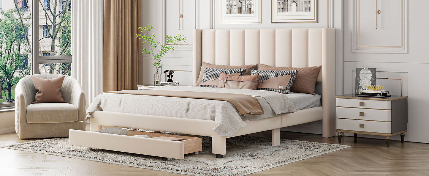 Queen Size Storage Bed Velvet Upholstered Platform Bed with a Big Drawer - Beige(old sku:WF296854AAA)