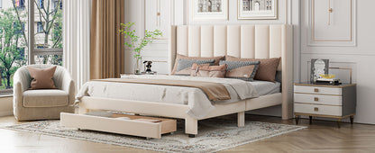 Queen Size Storage Bed Velvet Upholstered Platform Bed with a Big Drawer - Beige(old sku:WF296854AAA)