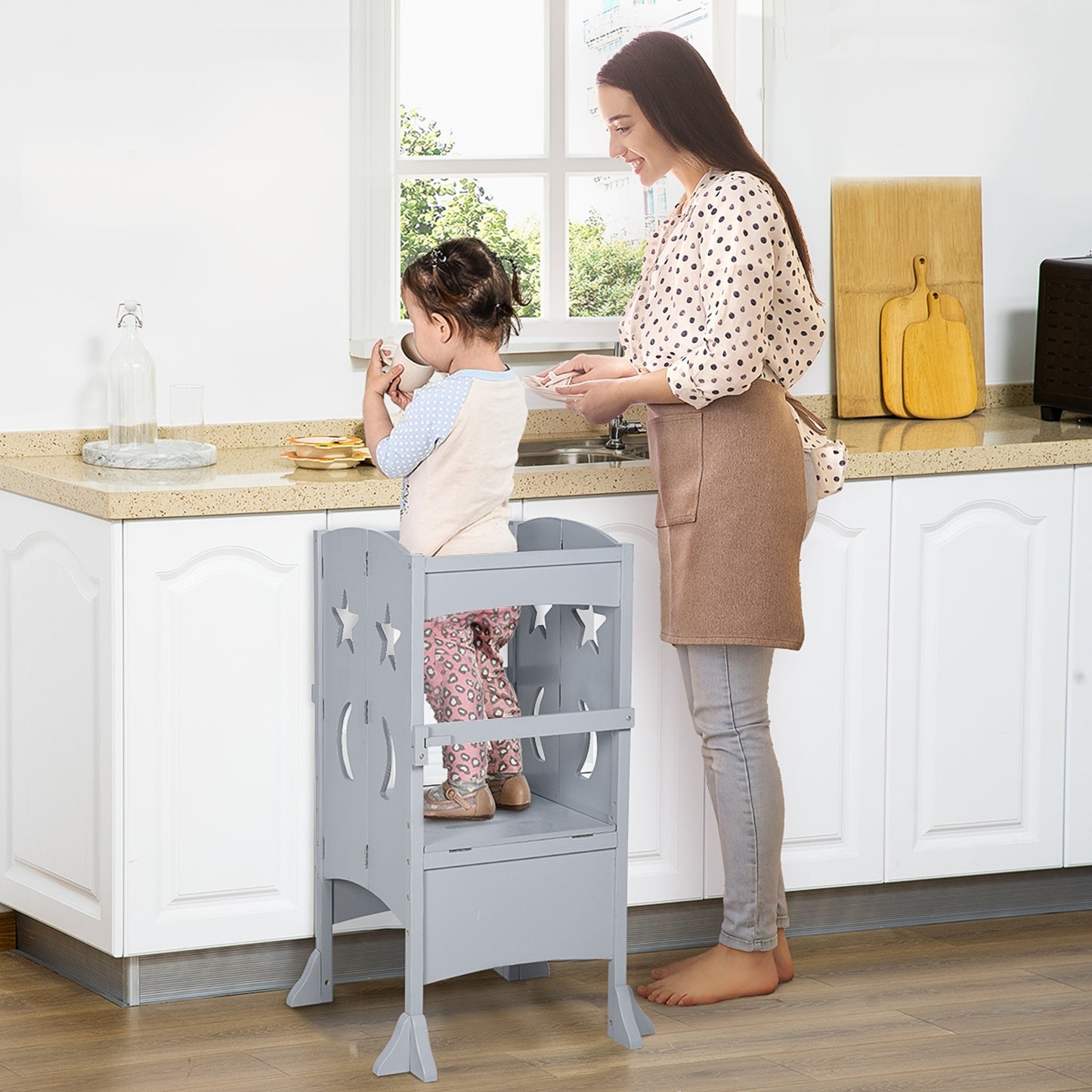 Qaba Wooden Kitchen Step Stool for Kids, Foldable Toddler Tower, Helper Stool for Kitchen Counter with Support Handles Safety Rail, Gray