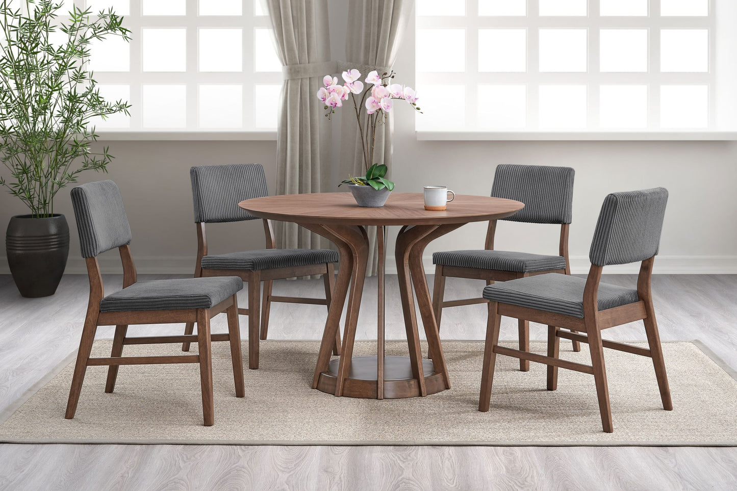 Seda 5Pcs Walnut Finish Round Table w/Gray Corduroy Chair Dining Set