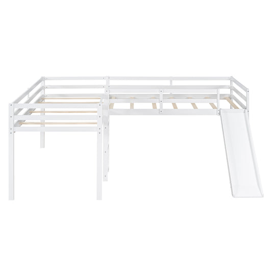L-Shaped Twin Size Loft Bed with Ladder and Slide in White, Solid Pine Wood and MDF Construction