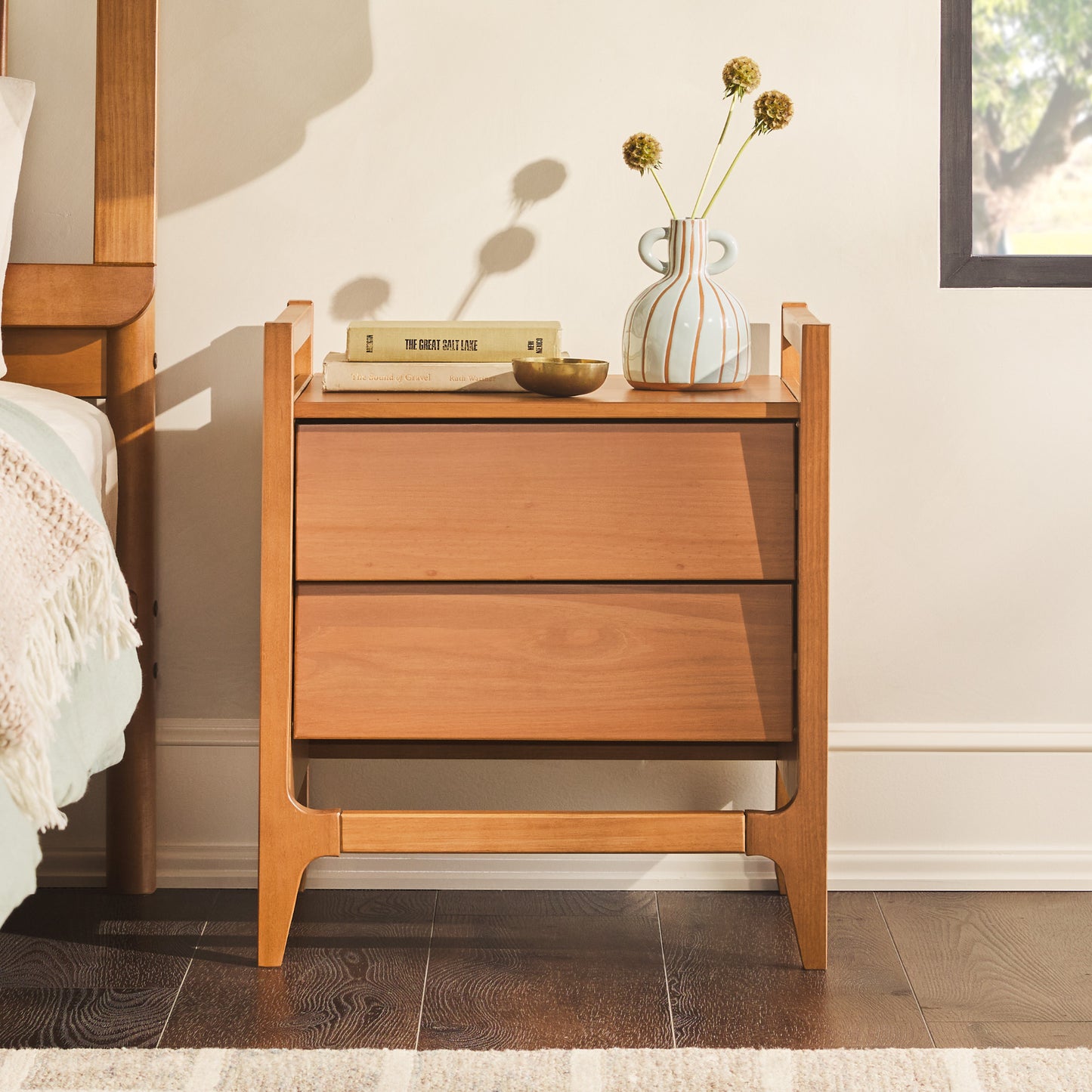 Scandi Angle Face Solid Wood Nightstand – Caramel