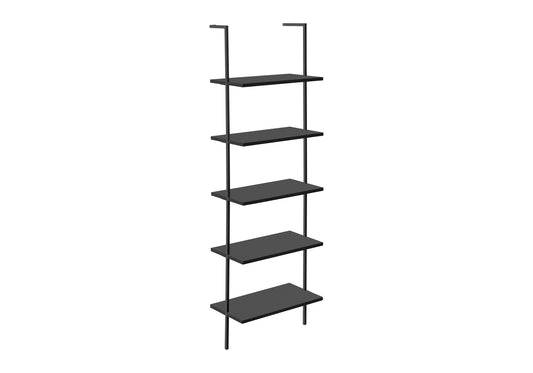 Bookshelf, Bookcase, Etagere, Ladder, 5 Tier, 72"h, Office, Bedroom, Black Laminate, Black Metal, Contemporary, Modern