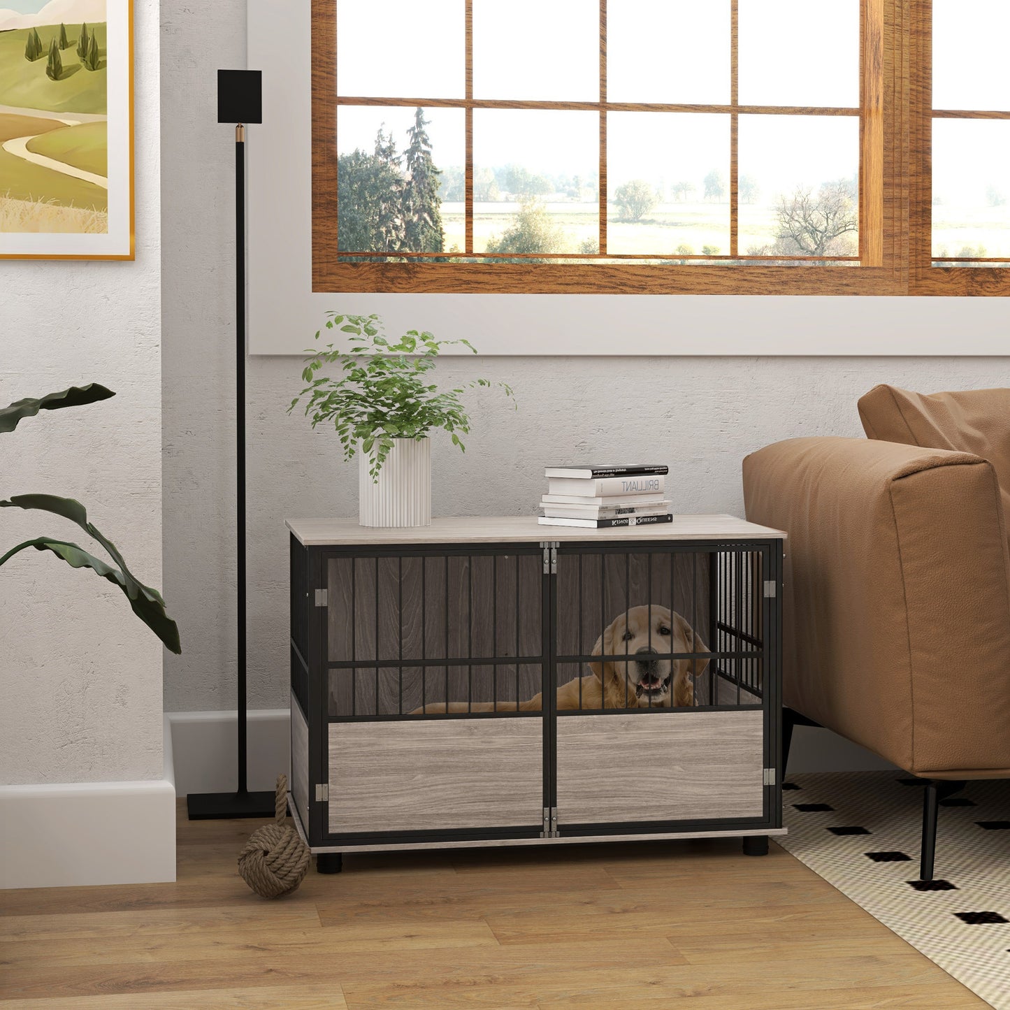 PawHut 39.5" Dog Crate Furniture End Table, Wooden Dog Kennel Indoor Pet House with 3 Doors, for Small to Large Dogs