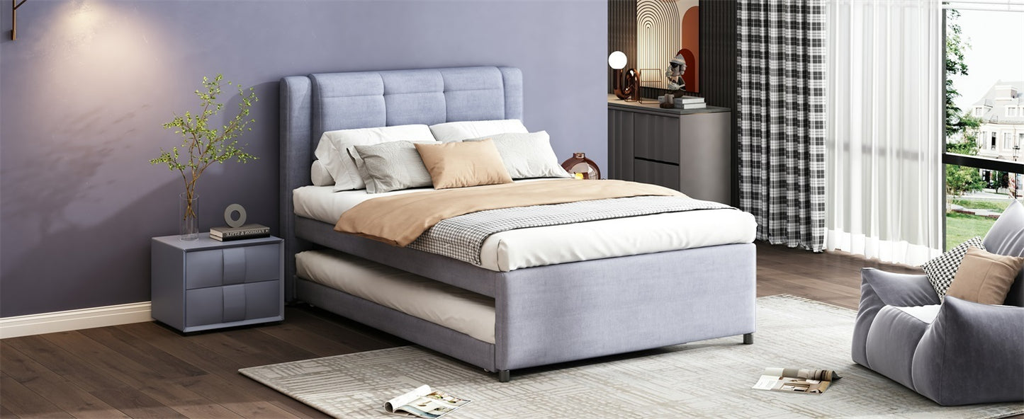Full Size Upholstery platform bed with Trundle,Trundle can be flat or erected, Gray