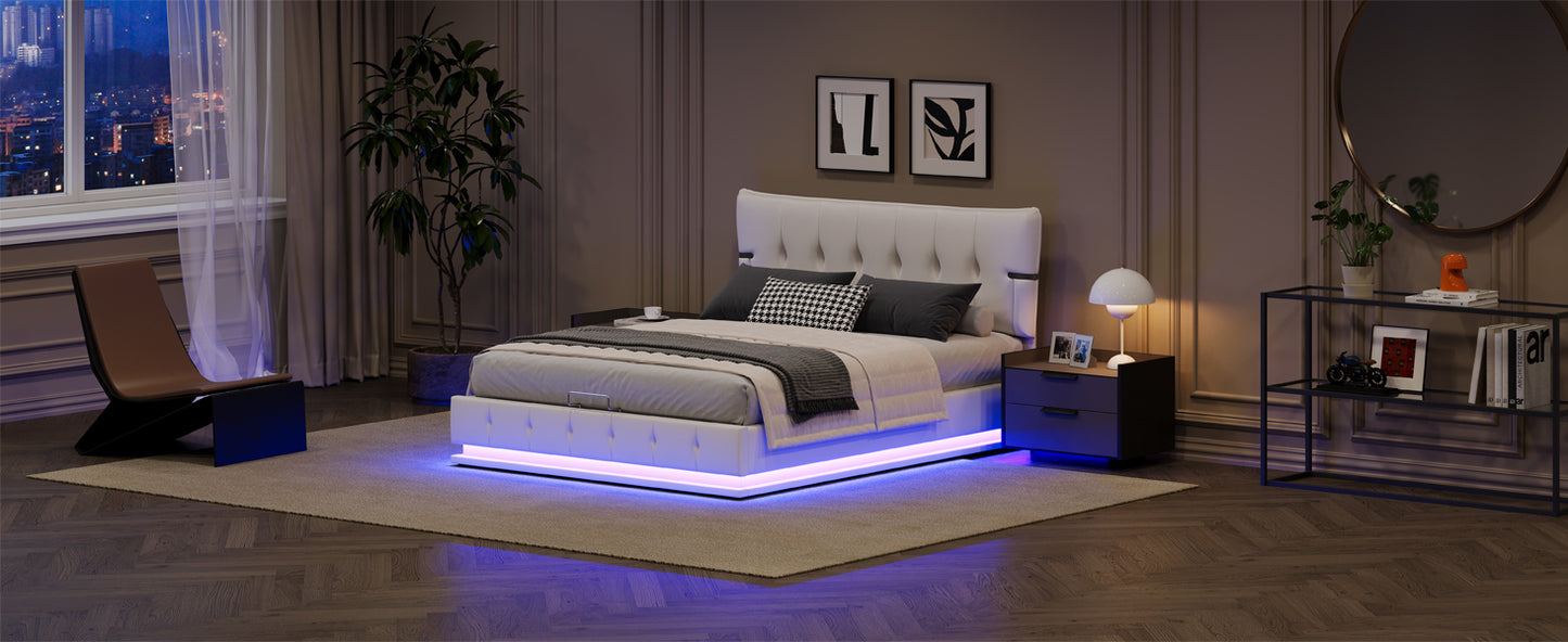 Upholstered Platform Queen Size Hydraulic Storage Bed, Lift Up Storage Bed with RGB LED Light, PU Leather Headboard and Footboard, No Box Spring Needed, White