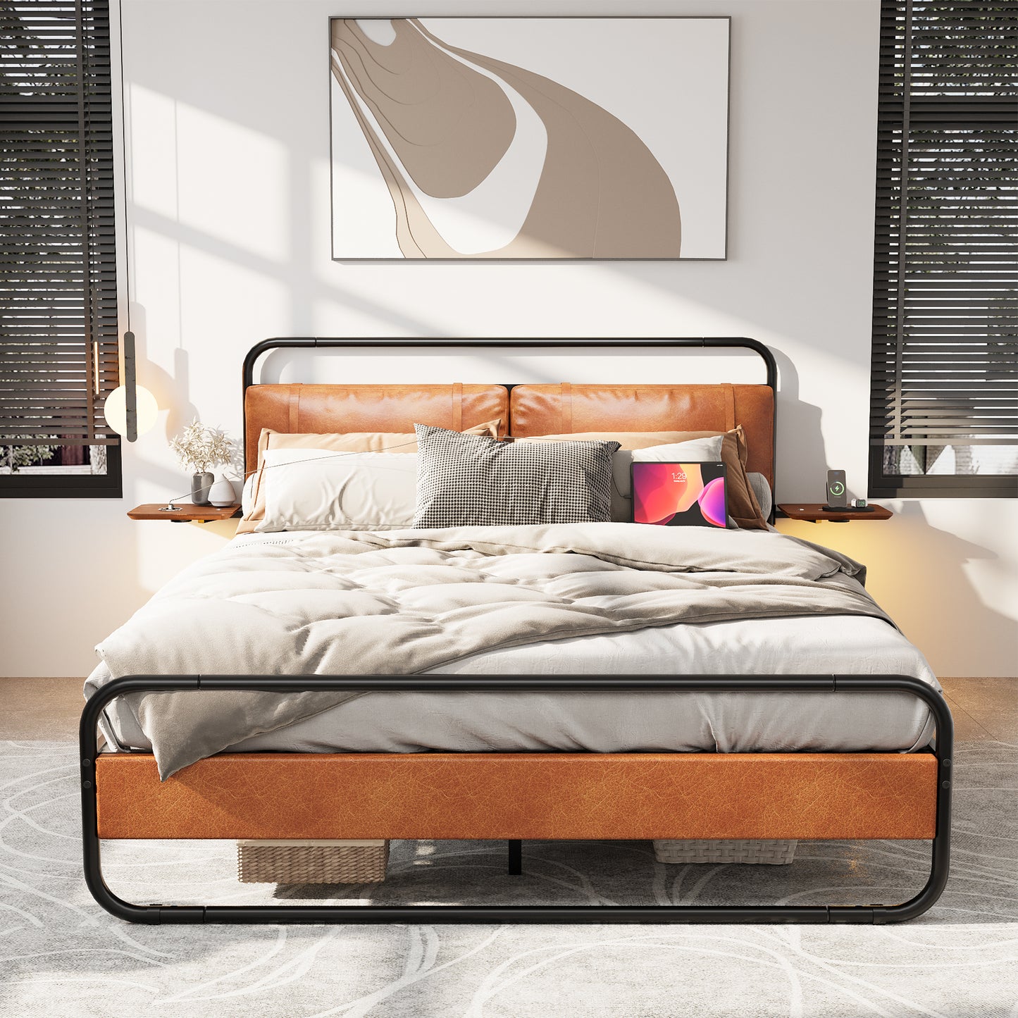 King Size Metal Bed Frame with Upholstered Headboard,  with wireless charging and USB A & USB C, Touch LED light,Oval-Shaped Platform Bed with Under-Bed Storage, No Box Spring Needed, Vintage Brown